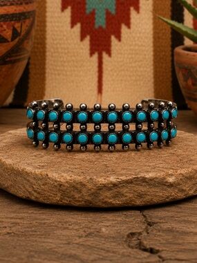 Vintage Fred Harvey Style Sterling Silver Turquoise Petit Point Cuff Bracelet